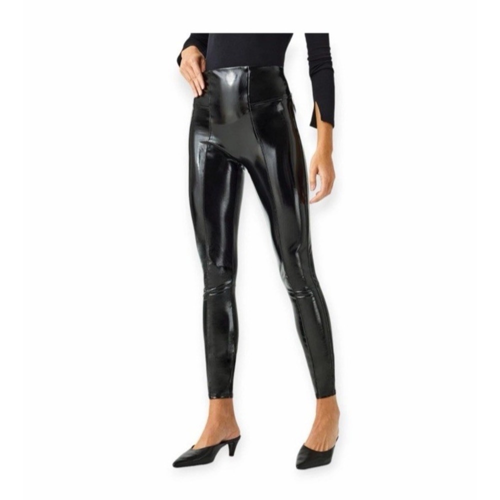 Spanx Faux Patent Shiny Leather Leggings Black Medium High Rise Classic‎ Shaping